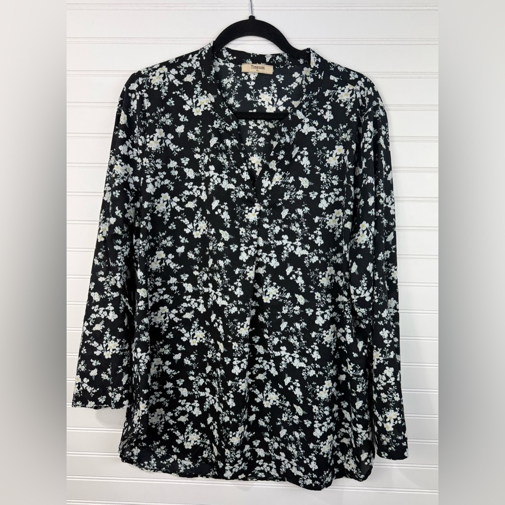 Timeson womens Floral Black & White business casual dressy Blouse tunic. Size XL - Picture 1 of 6